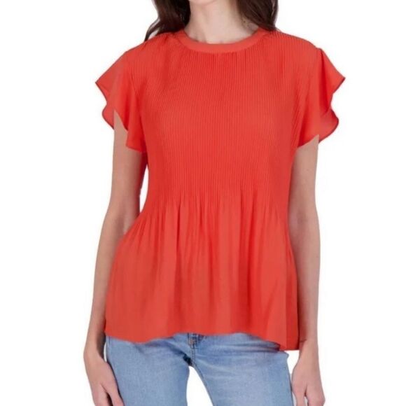 🔹️Anthropologie Adrianna Papell Fuchsia Pleated Short Flutter Sleeve Top Medium - Picture 1 of 12